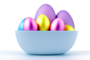 Fototapeta na wymiar Eggs on white background. Painted Decorative Easter Eggs for Easter day celebration. Holiday Banner for Easter egg hunt. Generative AI
