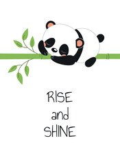 Panda on bamboo. Asian flora and fauna with text. Positivity and optimism. Charming and cute character sleeping on tree. Biology and zoology, wildlife. Cartoon flat vector illustration