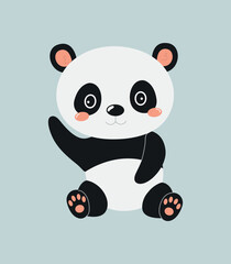 Cute panda sitting. Friendly and charming character waving his paw. Design element for greeting postcards. Emotions, gestures and expression. Cartoon flat vector illustration