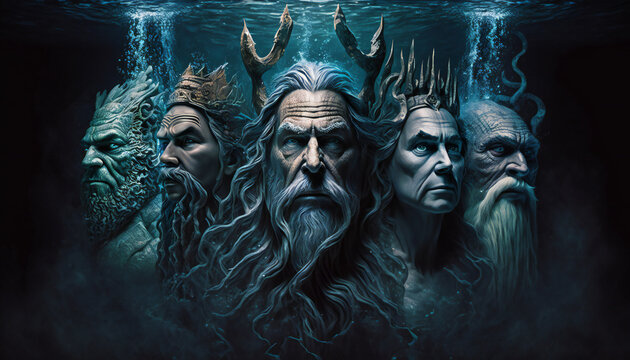 Group of German gods underwater- Mythologies - Generative AI © The_AI_Revolution
