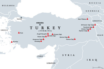 Turkey, dormant and extinct volcanoes in Anatolia, political map. The shield volcano Tendurek in eastern Turkey erupted in the year 1855. It was the latest eruption that occurred in Turkey. Vector.