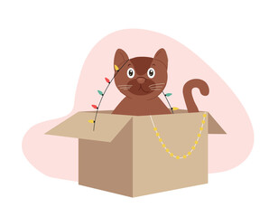 Winter cat in box. Charming kitten with garland, decoration for apartment and Christmas tree. New Year and winter holidays. Poster or banner. Cartoon flat vector illustration