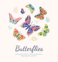 Fototapeta na wymiar Cute butterflies banner. Insects and symbol of spring and summer seasons. Tenderness, aesthetics and elegance, beauty. Wildlife and nature. Cartoon flat vector illustration