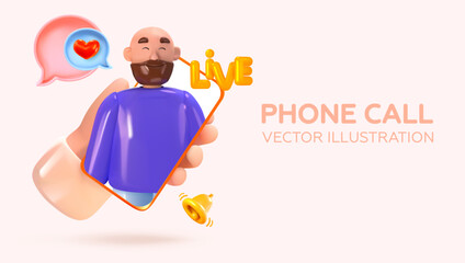 Video call or online broadcast. Mobile call, positive, joyful man on the phone screen. Phone in hand. Vector illustration