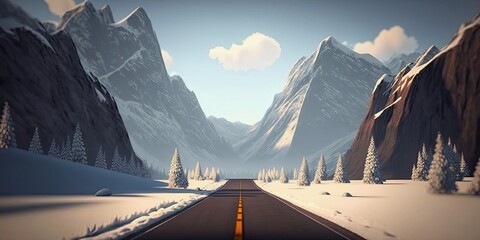 Winter landscape with lonely road among snowy mountains. Beautiful winter view, cartoon illustration as background or wallpaper. Generative AI art.