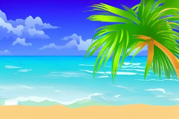 Fototapeta na wymiar Sandy beach with palm trees. Sea gulf in the Tropics. Vector background for design - generative ai