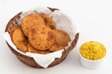 Traditional Indian Lentils Stuffed Flatbread Poori Also Called Dal Bhari Puri, Dholl Puri, Cholar Dal, Luchi, Dhal Ki Puri Is Prepared From Wheat Flour, Yellow Chana, Moong Daal Fried In Desi Ghee
