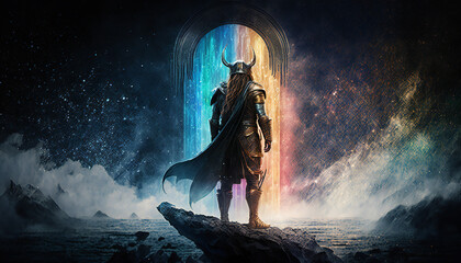 Obraz premium Heimdall the watchman of the gods, standing guard over Bifrost, the rainbow bridge - German Mythologies - Generative AI