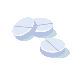 First aid pills concept. White medicine, tablets and drugs for pain relief. Pharmaceuticals for treating patients, part of medical kit. Cartoon isometric vector illustration