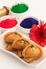 Gujia Also Called Gujiya, Pirukiya, Pirukia, Pedakiya, Karanji, Basundi Or Gughra Stuffed With Mawa, Khoya, Chasni, Mava, Khoa - Indian Sweet Dumpling Enjoyed On Deepawali, Teez, Holi, Diwali And Teej