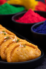 Saffron Gujia Also Called Kesar Gujiya, Pirukiya, Pirukia, Pedakiya, Karanji, Basundi Or Gughra Stuffed With Mawa, Khoya, Chasni, Mava - Indian Sweet Dumpling For Deepawali, Teez, Holi, Diwali, Teej