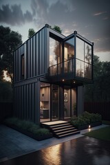 Exterior front view of a modern luxury container home architecture. Generative AI.