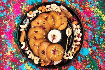 Sugary Pancakes Called Malpua, Pooa Or Pua Are Traditional Indian Dessert Mithai Drenched, Dunked,...