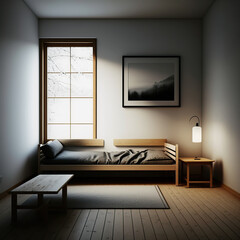 Fototapeta na wymiar a_simple_small_minimal_room_with_a_bed_and_a_couch