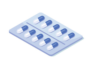 First aid pills. White and blue drugs in silver plastic blister. Pain medication, treatment and medical care. Pharmacy and hospital. Cartoon isometric vector illustration