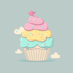 Flat cartoon illustration of cute beautiful cupcake in pastel colors