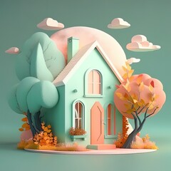 simple cartoon style house illustration in pastel colors, generative AI