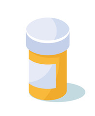 Plastic bottle with drugs. Yellow package with pills, health and prevention, disease treatment and medical care. Poster or banner for pharmacy website. Cartoon isometric vector illustration