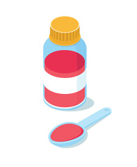 Red syrup bottle. Glass jar and plastic spoon with red liquid for treatment of illnesses and colds. Medical support, pharmaceuticals. Cartoon isometric vector illustration