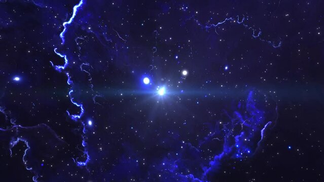 Flying through space to a shimmering bright star through clusters of galaxies. Repetitive looped background on an astronomical scientific theme. 4k footage