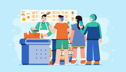 Queue of people in the modern coffee shop takeaway Lunch break barista man welcomes the guests of the cafe flat vector illustration