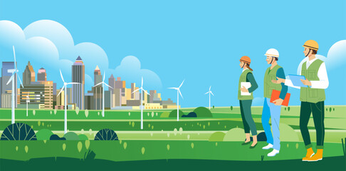 Environmental researchers inspect the impact of using renewable energy in the modern city landscape with lots of green areas