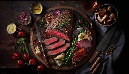 Obraz na płótnie Canvas A medium-rare steak with tender pink center. AI generative.
