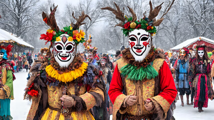Fototapeta na wymiar Personas Enmascaradas en Carnaval Popular, IA Generativa