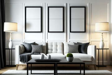 Leere weiße Rahmen in einem modernen Wohnzimmer created with Generative AI technologies