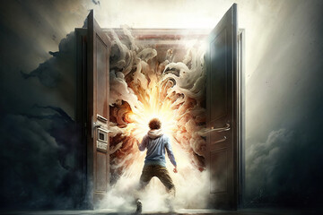 The power of extroversion unleash your potential, Teenager standing near opened door with fire power, concept of Self-Confidence and Optimism, created with Generative AI technology - obrazy, fototapety, plakaty