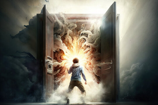 The power of extroversion unleash your potential, Teenager standing near opened door with fire power, concept of Self-Confidence and Optimism, created with Generative AI technology