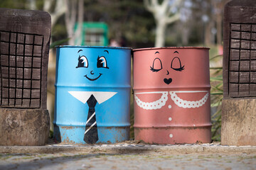 Bin, Trash Can, Colored Trash Cans, Cute Garbage Containers In The Park