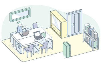 建物の中の仕事部屋。PC作業する人々