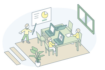 建物の中の会議室。グラフを前に話し合う人々