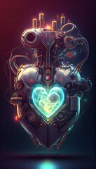 Illustration of cybernetic heart from metal parts. heart made of metal plates. Intelligence and innovation concept. Generative AI.