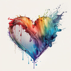 Colorful rainbow heart, water color, painted, splashing, dripping, white background, AI