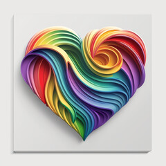 Abstract colorful rainbow heart, swirly, textured, white background, AI