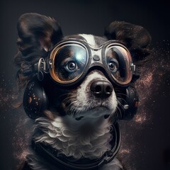 Ein bezaubernder Hund posiert auf einem einfachen Hintergrund und trägt eine stilvolle Brille, die seine Augen schützt und ihm einen intellektuellen Look verleiht. Mit stolzer Haltung und selbstbewuss
