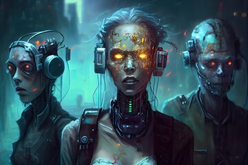Cybernetic zombies Cyberpunk from another universe, in the center of a city.