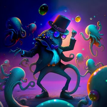 Ein Zeitreise-Oktopus mit Zylinder und Monokel unterrichtete eine Gruppe intergalaktischer Pinguine