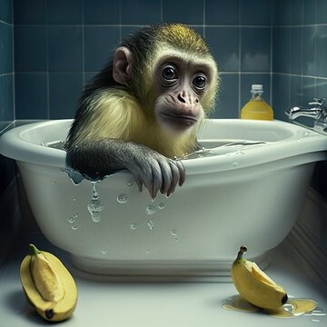 Affe in einer Badewanne mit romantischer Bananenstimmung