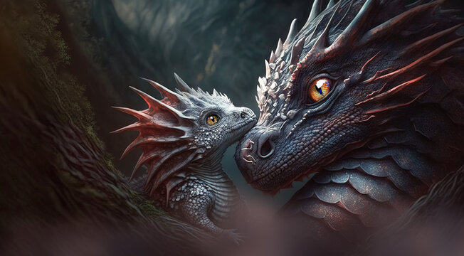 Dragon mother and her baby, close up of them together bonding.  Fantasy image created with generative ai. 