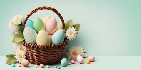 Fototapeta na wymiar Easter Holiday Background with Basket of Easter Eggs