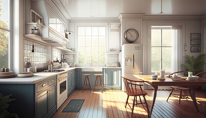 Fototapeta premium colonial, kitchen, interior, architecture, modern, doors, wood, natural sunlight, fashionable, design, natural light, indoor, metal, inside, bright lighting, design, natural, generative, ai
