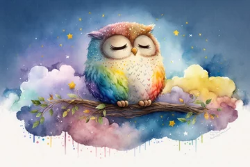 Fototapeten watercolor drawing. the owl sleeps on a cloud and a rainbow. cute childish drawing. ai generative © Svetlana