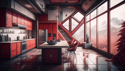interior of a red kitchen at house. Scene view at tall windows, generative ai. Epic old luxury, tall ceilings
