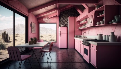 interior of a pink kitchen at house. Scene view at tall windows, generative ai. Epic old luxury, tall ceilings