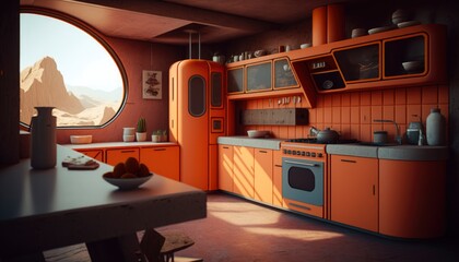 interior of a orange kitchen at house. Scene view at tall windows, generative ai. Epic old luxury, tall ceilings