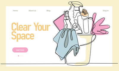 Home cleaning service landing page design concept, illustration of janitors with cleaning tools. Vector illustration