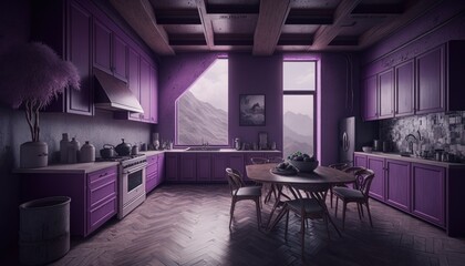 interior of a purple kitchen at house. Scene view at tall windows, generative ai. Epic old luxury, tall ceilings